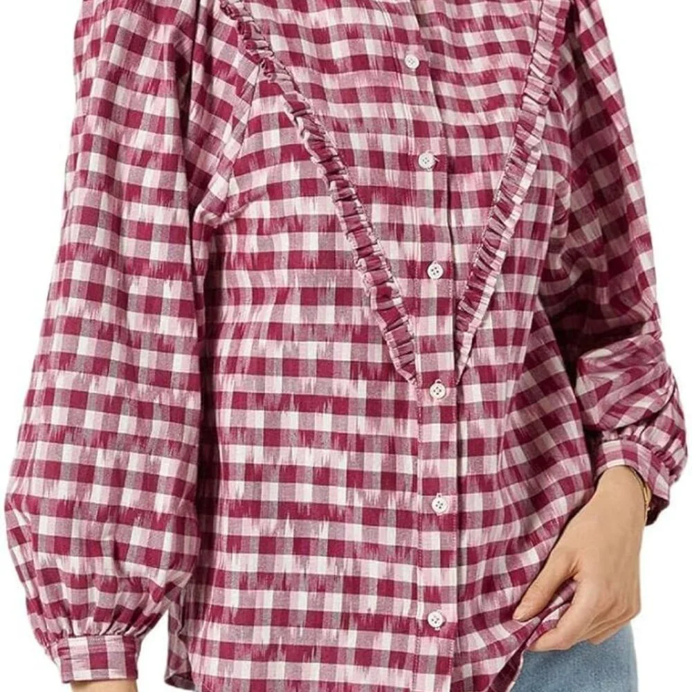 Joie Burgundy Gingham BURNESS Blouse – Long Sleeve Button Front Top, Size S - Picture 6 of 7